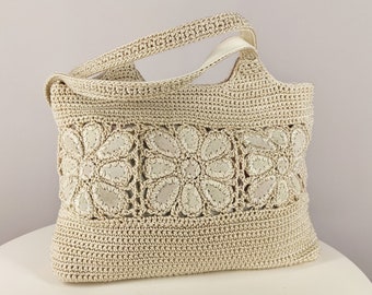 Vintage crocheted tote bag, bohemian shoulder bag with genuine leather details, beige crochet handbag