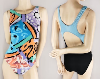 Bright vintage swimsuit, colorful monokini, women's one piece swimwear in abstract print