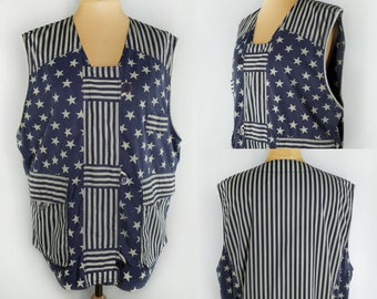 Blue vintage utility vest in star and stripe print