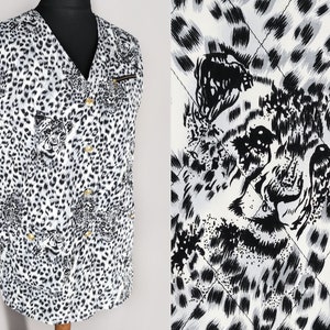 Vintage leopard print vest, quilted women&#39;s waistcoat, oversized 90s vest in animal print