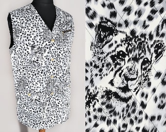 Vintage 90s Leather Leopard Print Vest,90s Safari Vest,vintage