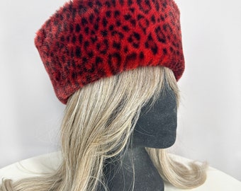 Vintage pillbox hat in red leopard print, faux fur women's Kubanka hat