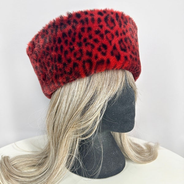 Vintage pillbox hat in red leopard print, faux fur women's Kubanka hat