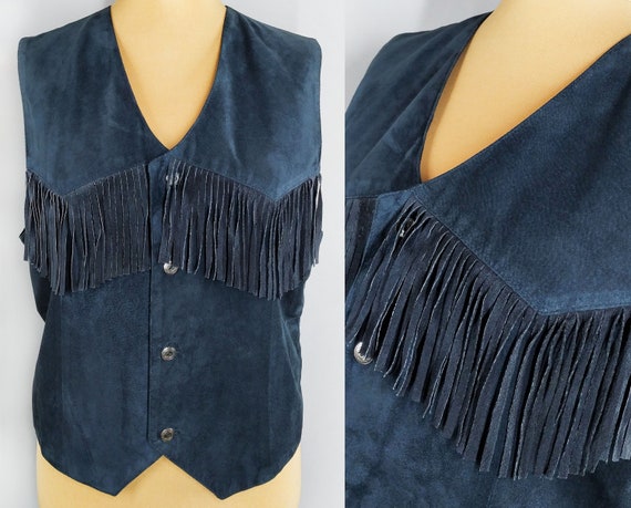 Vintage blue suede leather fringe vest