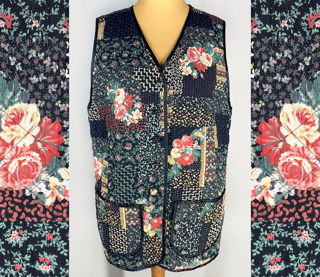 Vintage Quilted Floral Vest Women s 90s Waistcoat Bohemian Vest in Patchwork Design Etsy