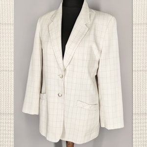 Vintage plaid blazer, women&#39;s beige summer blazer, minimalist oversized longline blazer
