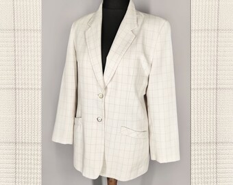 Vintage plaid blazer, women's beige summer blazer, minimalist oversized longline blazer