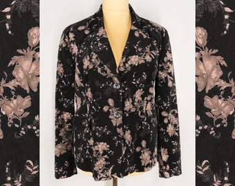 Vintage corduroy blazer in floral print, bohemian women's jacket, black formal blazer with pink flowers