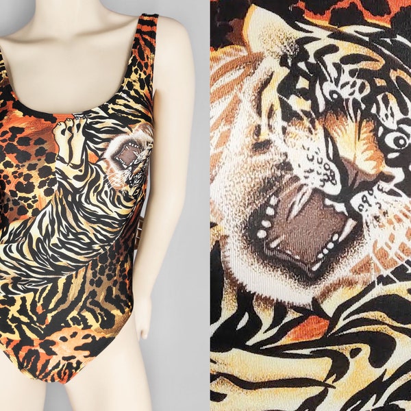 Animal print swimsuit, vintage one piece swimwear in leopard print, monokini with tiger