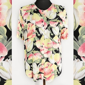 Oversized vintage blouse in apple print, short sleeve button up shirt with fruits and florals