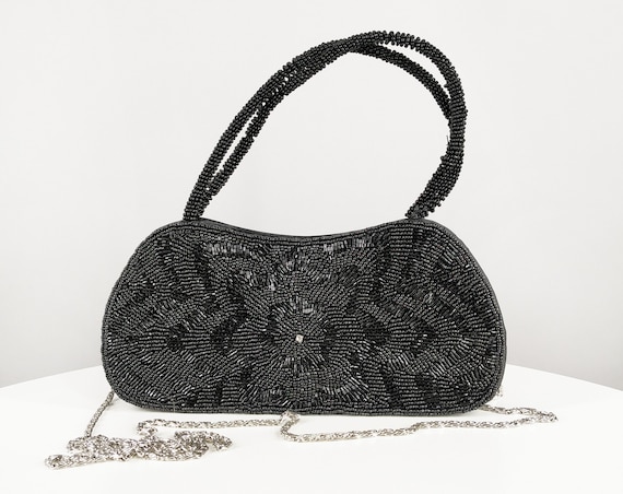 Vintage black beaded theatre bag, small formal shoulder bag