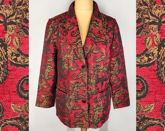 Paisley print vintage blazer, bronze and red women's blazer, 90s jacket with metallic sheen