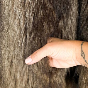 May include: Close-up of a brown and gray fur textile. The fur has a dense, textured appearance with long, flowing strands. A hand with a tattoo is touching the fur, highlighting its softness and texture.