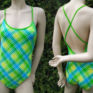 Bright vintage one piece swimsuit, plaid bathing suit, tartan print monikini