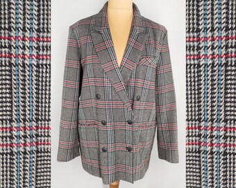Plaid oversized vintage blazer, women's double breasted jacket