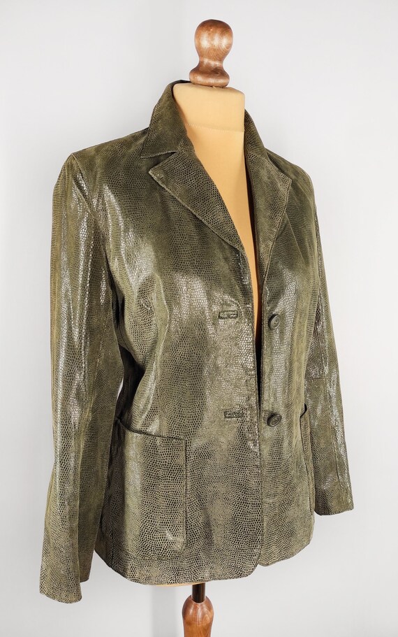 Vintage leather women's blazer, green snakeskin l… - image 3