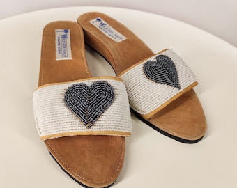 Vintage leren schoenen met hartjesmotief, zomerslippers met kralen voor dames, verfraaide sandalen uit de jaren 90