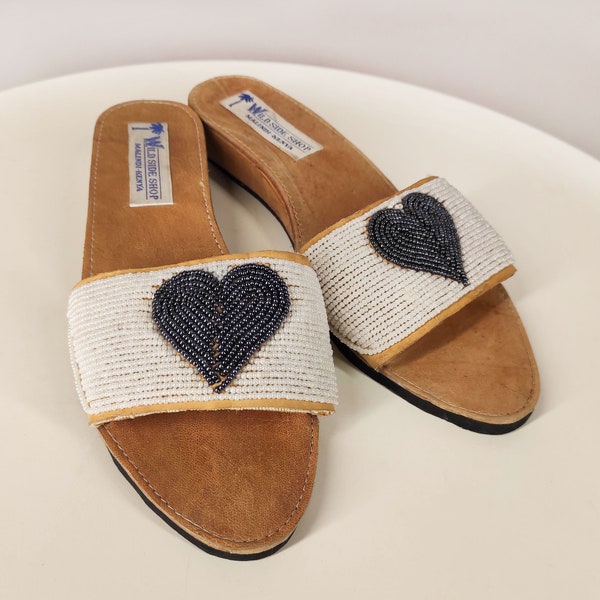 Vintage leather shoes with heart design, women's beaded summer slides, 90s embellished sandals