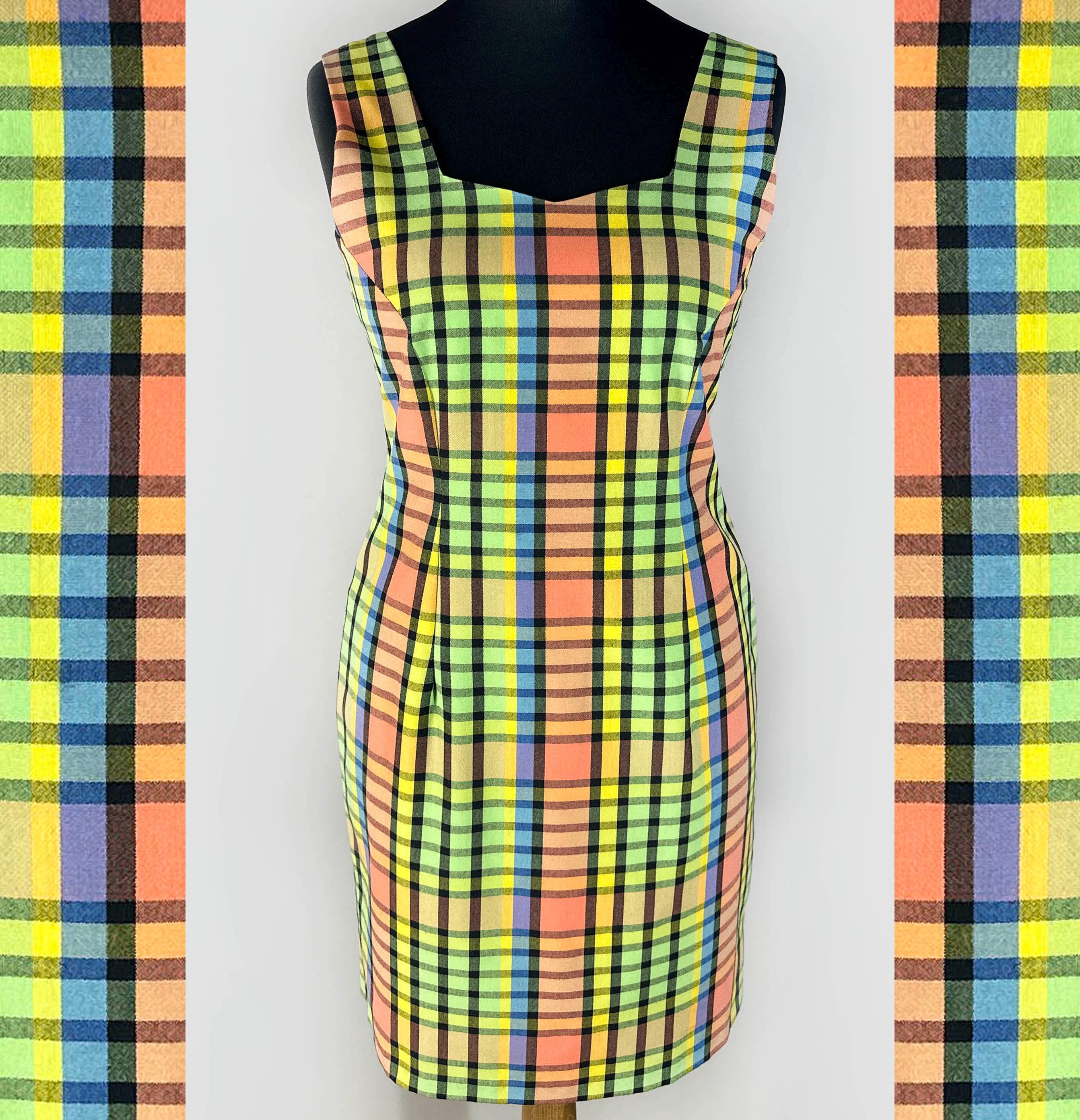 checkerboard bodycon dress Checkered Dress, Vintage Women's Colorful in Check Print, 80s Sleeveless Summer Dress Mini dress