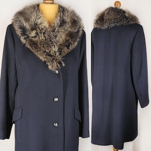Long wool vintage coat with natural fur collar, navy blue women&#39;s overcoat with real fox fur, 80s winter coat