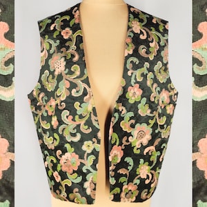 Vintage boho vest, green floral waistcoat from the 70s