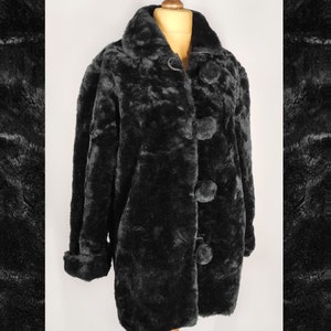 Vintage black faux fur coat, vtg teddy coat with pom poms, women's chunky 80s coat
