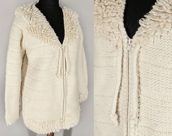 Vintage knitted cardigan with shaggy collar and trim, pure wool cardigan, chunky knit cream white women's cardigan