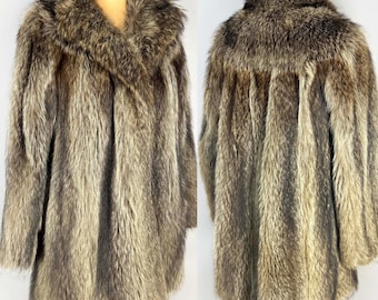 Vintage brown fur coat, women's art deco real raccoon fur jacket
