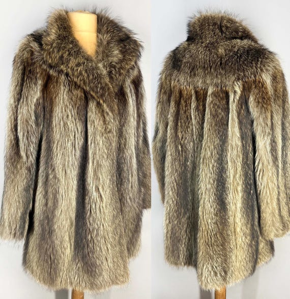 Vintage brown fur coat, women's art deco real raccoon fur jacket