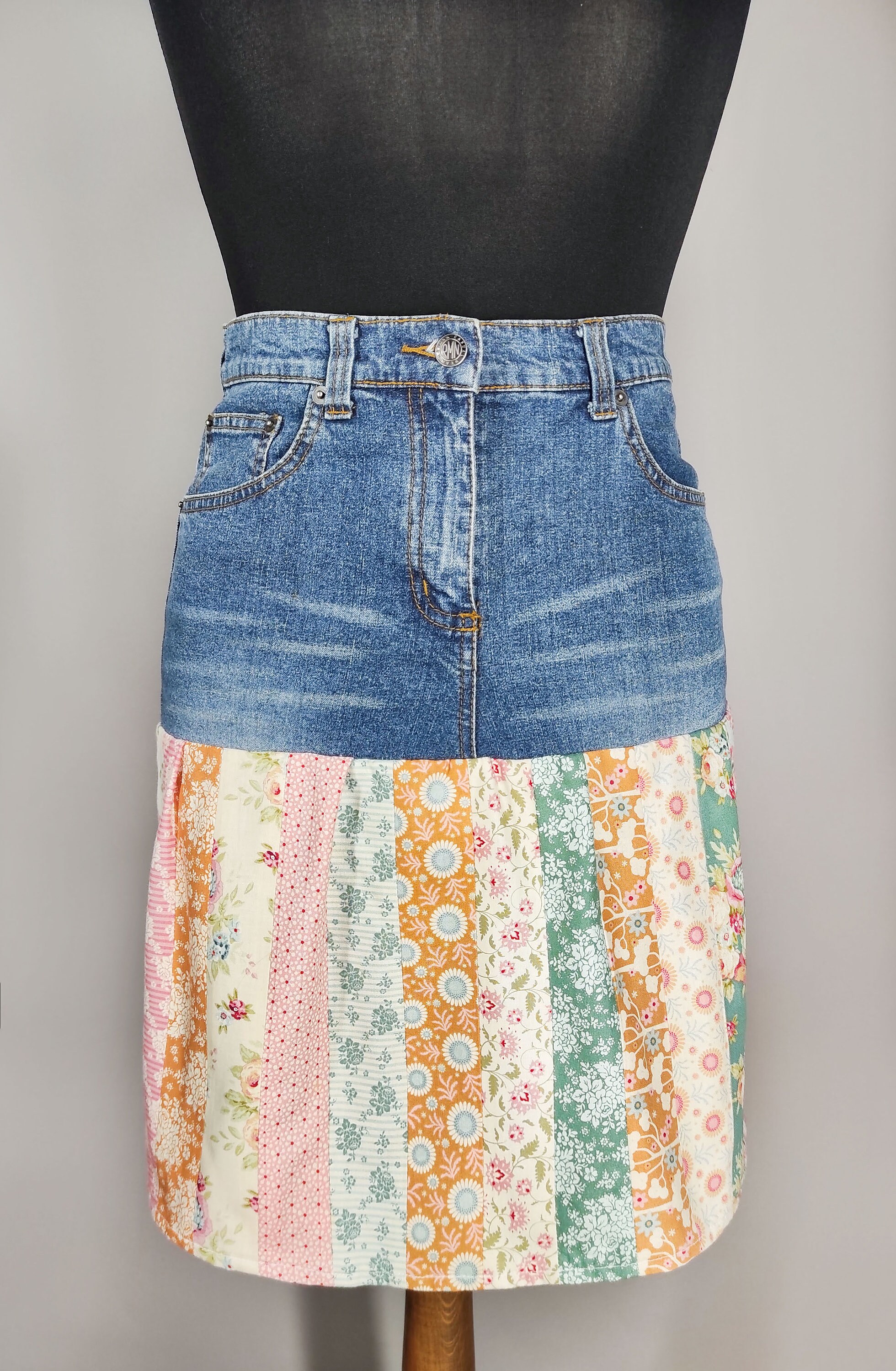 Y2K Denim Skirt, Vintage Bohemian Jean Skirt, Mixed Print