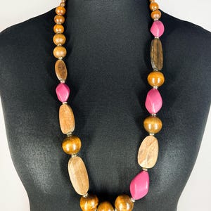 Vintage chunky statement necklace, wooden and pink plastic bead necklace, 70s bohemian beaded necklace