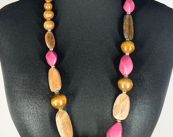 Vintage chunky statement necklace, wooden and pink plastic bead necklace, 70s bohemian beaded necklace