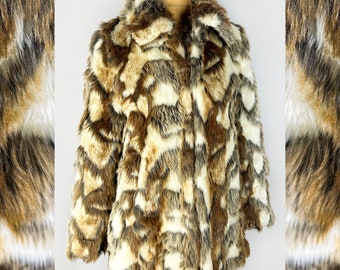 Vintage faux fur coat in animal print, fur patchwork jacket, Y2K women's winter coat