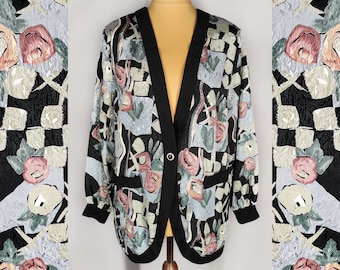 Blazer soyeux surdimensionné, veste longue légère pour femme, blazer long des années 80 à imprimé abstrait