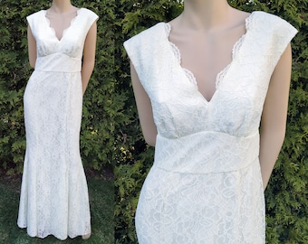 Ivory lace wedding dress, vintage trumpet bridal gown, 90s deep-v neck wedding maxi dress
