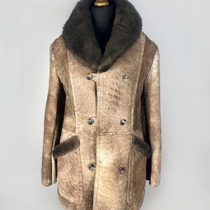 Vintage sheepskin coat, men's shearling winter jacket, 70s brown sherpa coat