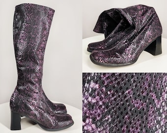 Vintage hohe Sockenstiefel im Schlangenleder-Effekt, Y2K schlanke Stiefel mit eckiger Zehenpartie und Blockabsatz, Damenschuhe im Disco-Stil