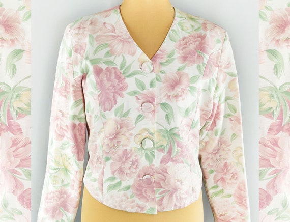 Vintage floral blazer, short women's jacket in pastel colors