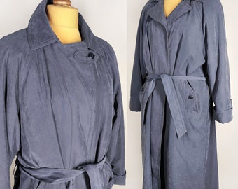 Vintage trench coat with belt, long belted coat, 90s classic women's coat in lilac blue