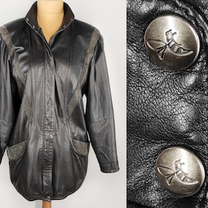 Veste en cuir noir, veste vintage pour femme avec détails en cuir daim