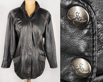 Black leather jacket, women's vintage jacket with suede leather details