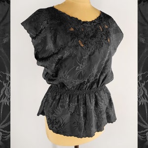 Black flowy blouse with broderie anglaise details, women&#39;s top with embroidery