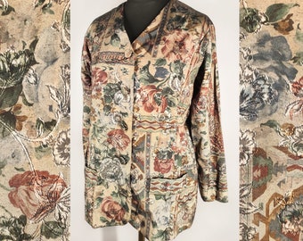 Vintage gold floral blazer, women's metallic jacket