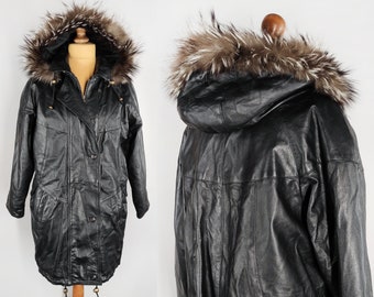 Black leather vintage parka with natural fur, vintage women's hooded coat