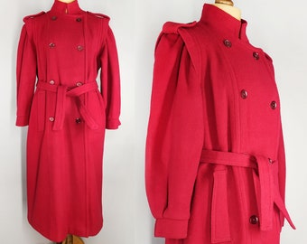 Long vintage coat with belt, bright red women's maxi coat, wool double breasted overcoat