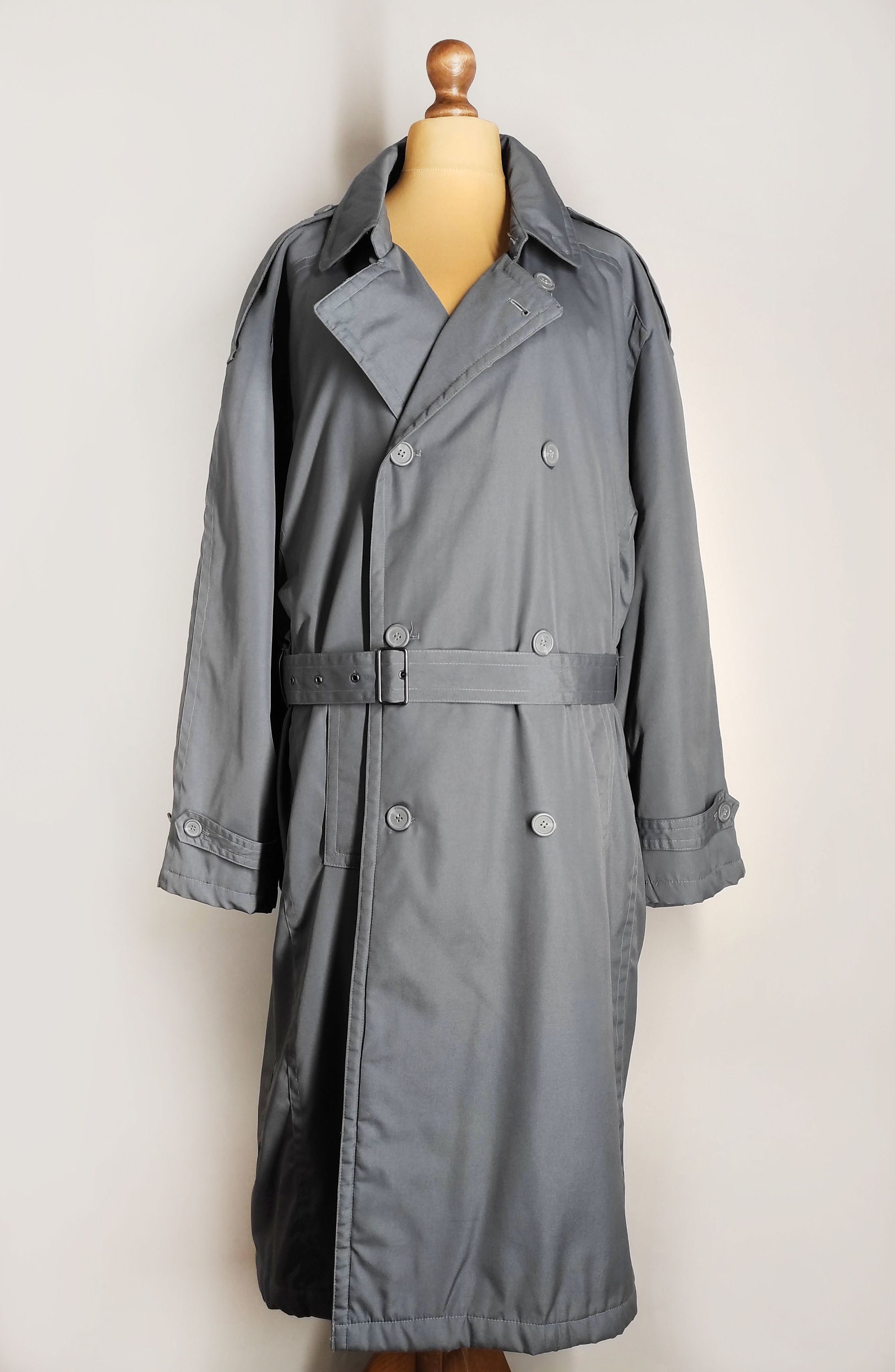 Double Breasted Vintage Trench Coat, Dark Gray Men's Belted