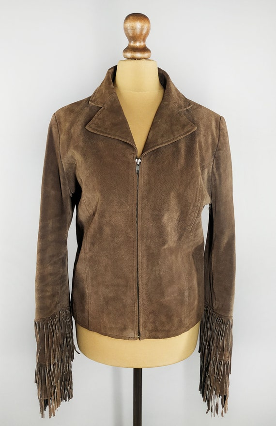 Vintage suede leather jacket with fringe sleeves - image 2