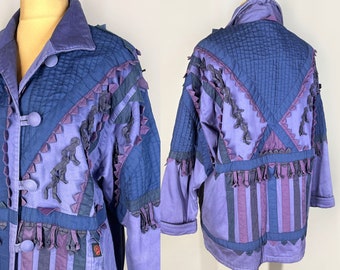 Vintage women's jacket with ribbon applique and fringe, Finnish Punainen Rukki purple hippie jacket