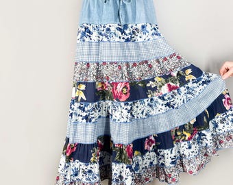 Vintage boerenrok met ruches, denim patchwork maxirok, cottagecore damesjeanrok jaren 90, boho-rok XL