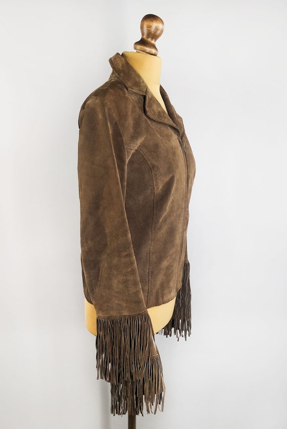Vintage suede leather jacket with fringe sleeves - image 3